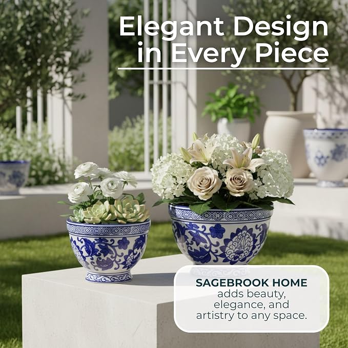 Set of 2 Bowl Chinoiserie Decorative Planter Pot with Drainage – Ceramic Outdoor & Indoor Plant Pot – Modern Garden & Home Decor Planters – 5" & 7", Blue & White