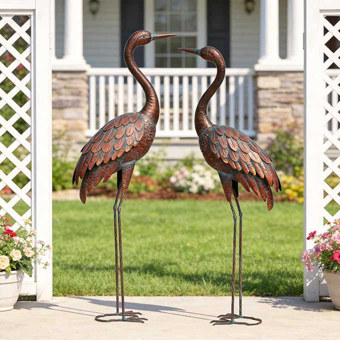 chisheen 2PCS Garden Crane Statues Outdoor Sculptures Metal Yard Art Statue for Garden Decoration Large Size Set of 2
