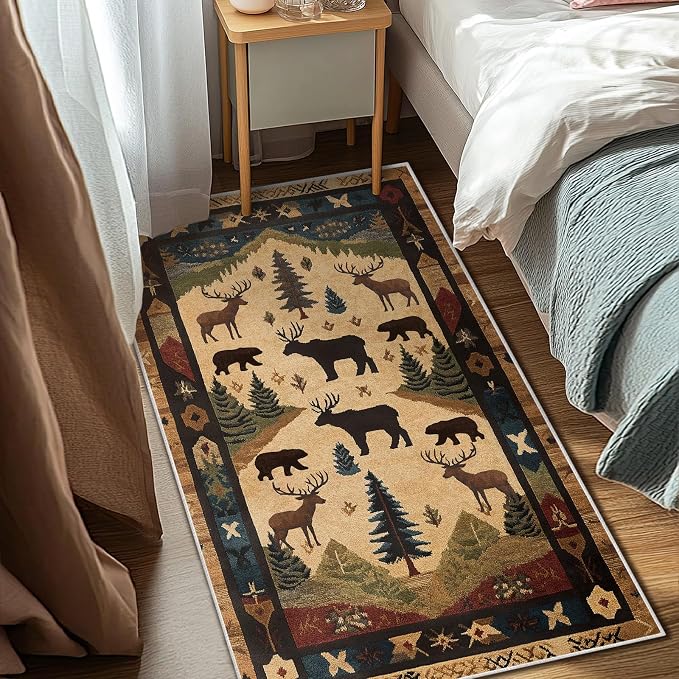 Farmhouse Cabin Area Rug Rustic Deer Bear Washable 3x5 Rugs for Living Room Bedroom Western Country Non-Slip Soft Floor Large Carpet for Office Entryway Bathroom