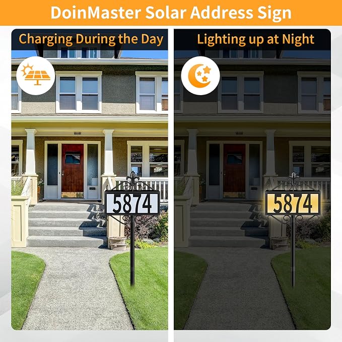 Metal Solar Address Signs for Yard with Warm White & Cold White - 50 Customizable (from 0 to 9) House Numbers for Outside, Weather-Resistant Lighted Address Plaque Outdoor, Illuminated LED Address Numbers Sign for Yard Home