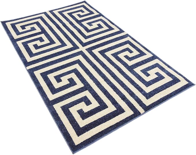 Unique Loom Athens Collection Classic Geometric Modern Border Design Area Rug (3' 3 x 5' 3 Rectangular, Navy Blue/ Beige)