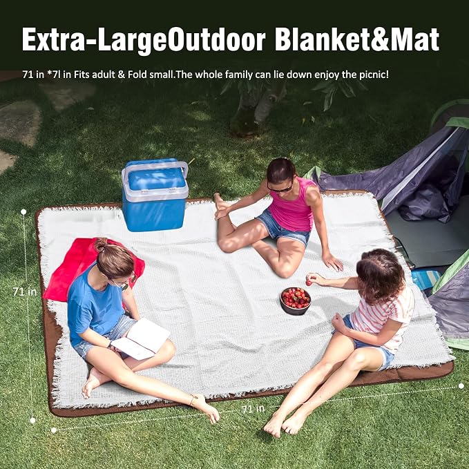 stylish white picnic blanket waterproof and sandproof,all-weather 2-in-1 dual-layer beach blanket for families, outdoor adventures and pets (Grid pattern)