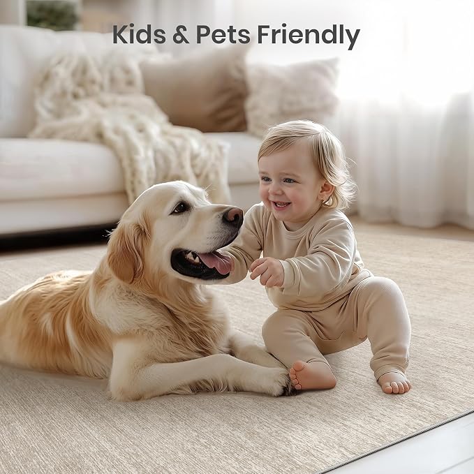 Valenrug 6x9 Area Rugs Non Slip, Large Washable Rugs for Living Room, Beige | Soft Low Pile, Thin & Lighweight Carpet, Folable Stain Resistant Modern Indoor Floor Mat for Bedroom, Dining Room, Home Decor