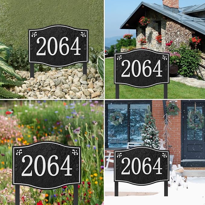 Personalized Address Plaque Sign - LAWN MOUNTED, House Address Signs for Outside Use for House,Apartment,Office,Yard (Blue/Copper)