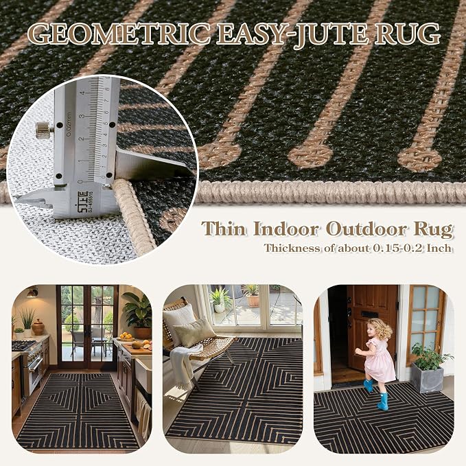 Lahome Black 3x5 Washable Rug, Neutral Easy Jute Entryway Front Porch Rug | Farmhouse Geometric Rhombus Non Slip Non Shedding Carpet for Kitchen Entrance Balcony