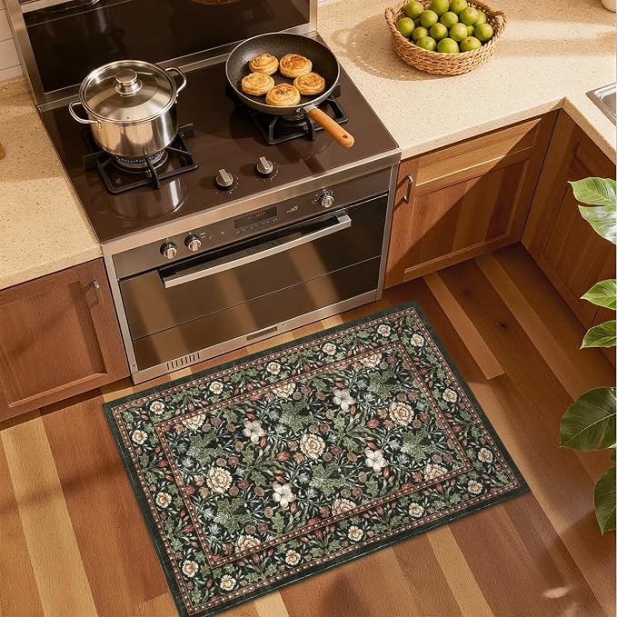 GarveeHome Small Forest Green Entryway Rug, 2x3 Washable Front Door Rug Indoor Entrance Floral Carpet Non-Slip Low Pile Throw Rugs for Kitchen Floor, Powder Room, Entry, Bathroom, Kids Room