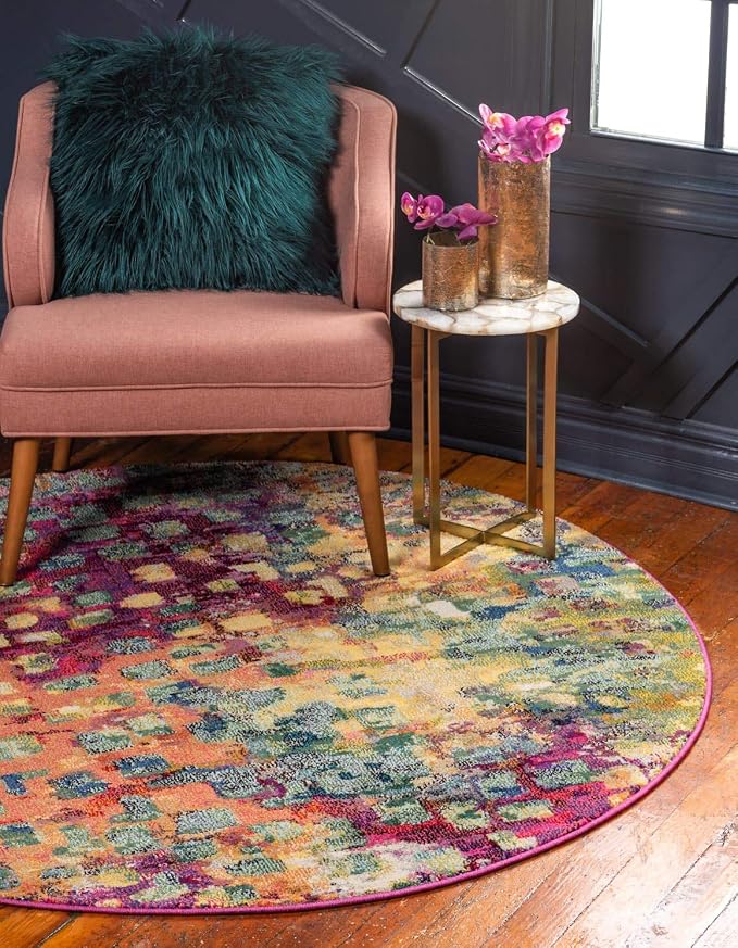 Unique Loom Jardin Collection Colorful, Vibrant, Abstract, Modern Area Rug (6' 0 x 6' 0 Round, Multi/ Blue)