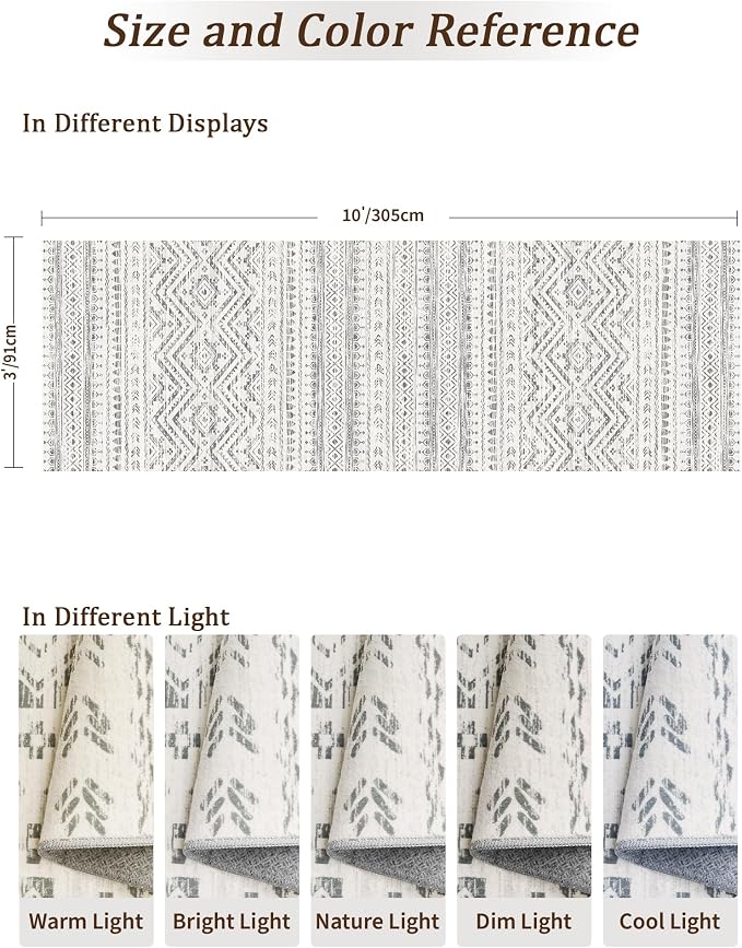Miukiki 3x10 Runner Rug Washable Non Slip Runner Rug for Hallway Grey | Moroccan Kitchen Soft Low Pile Long Runner Rug for Entryway Living Room Bedroom Rug Stain Resistant Floor Carpet 3'x10'