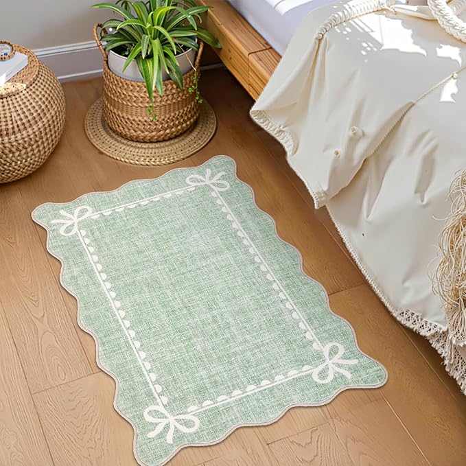 GarveeHome Scalloped Entryway Rug 2x3 Washable Bow Rug, Sage Green | Non Slip Soft Low Pile Ultra-Thin Stain Resistant Indoor Carpet for Girls Dorm Nursery Bedroom Decor Hallway Kitchen Floor