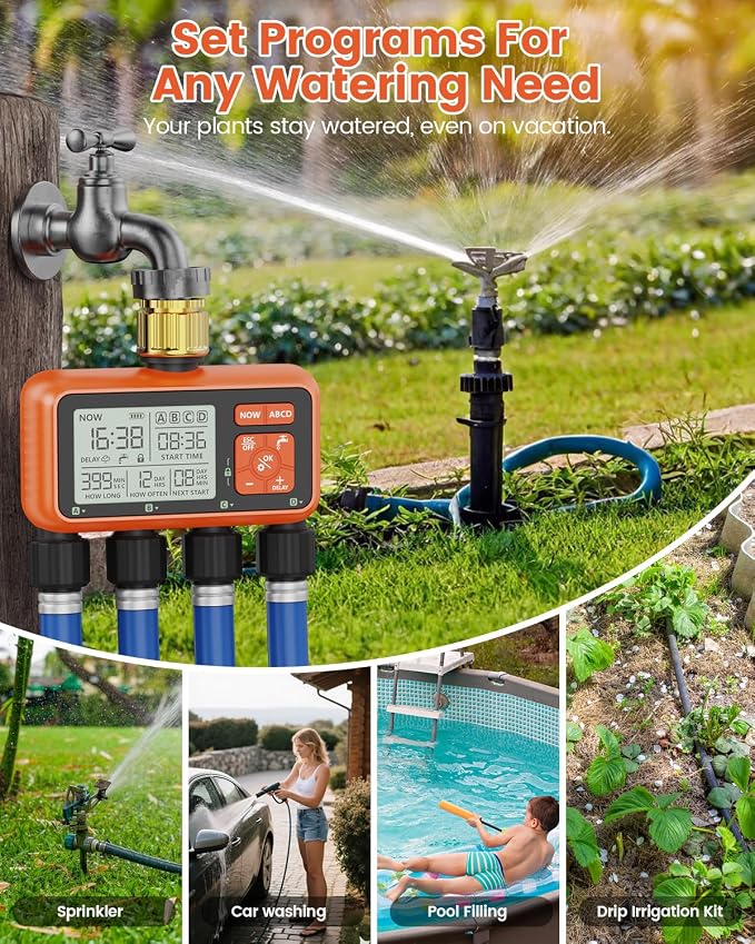 Sprinkler Timer 4 Zone with Brass Inlet Water Timer for Garden Hose Programmable Hose Faucet Controller with Independent Zone Control Custom Rain Delay Manual&Auto Watering Child Lock for Yard Lawn