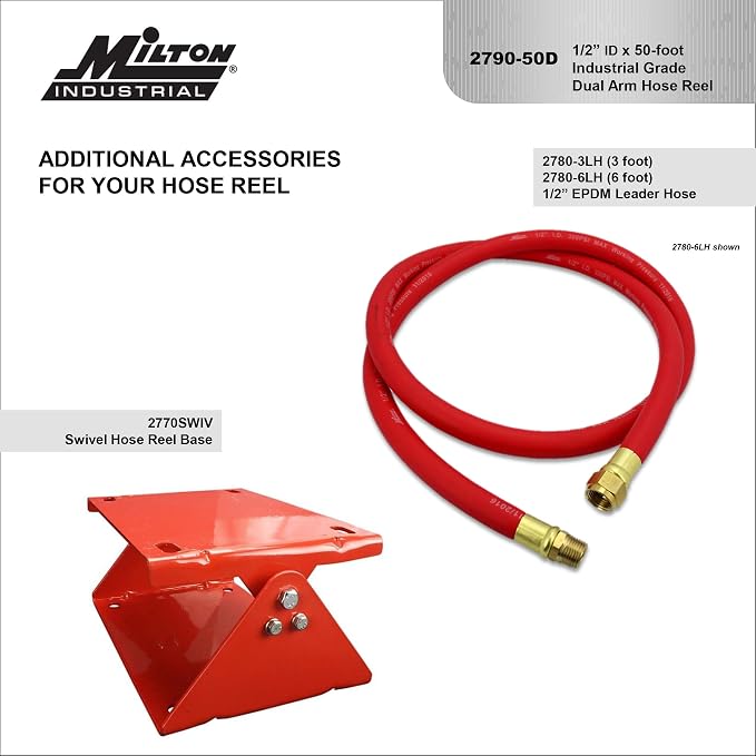 MILTON Industrial Hose Reel 2790-50D, Auto Retractable, Chemical Resistant, Prevent Cracking, Flexible in Extreme Conditions,1/2” Hose ID, 50 Foot Rubber Hose, 300 PSI Max Pressure,1/2" Male NPT, Red