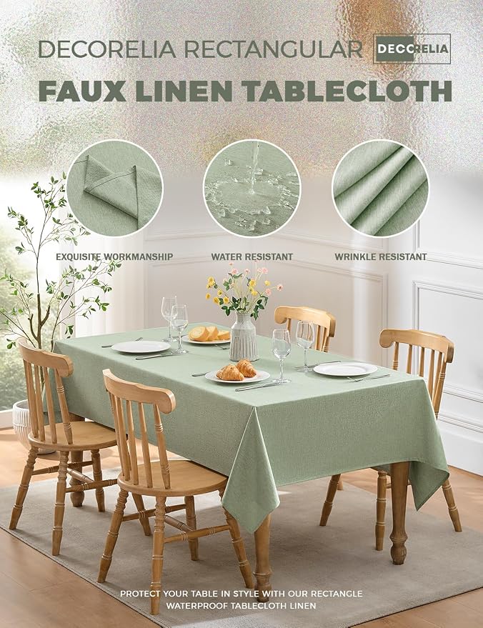 Decorelia Table Cloth for Rectangle Dining Table, Faux Linen Waterproof Texture Farmhouse Washable Rectangular Tablecloth Cover for Birthday, Party, Picnics, Outdoor Decor(Sage Green, 52 x70 Inch)