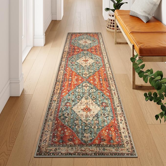 Lahome Felice Boho Tribal 2'6" x 10' Washable Runners for Hallways, Oriental Kitchen Runner Rugs Non Skid Washable, Oriental Soft Long Stair Carpet Runner for Living Room Bedroom, Rust/Dull Teal