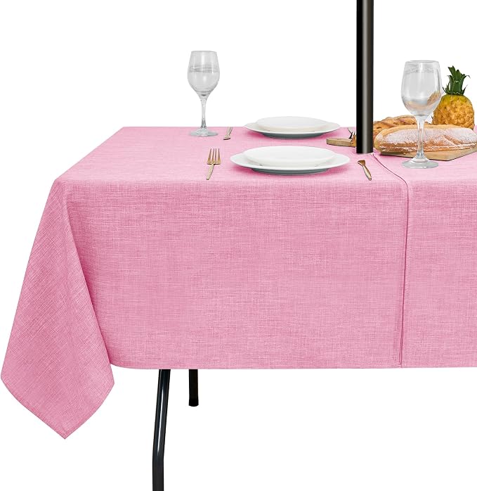LUSHVIDA Outdoor Tablecloth with Umbrella Hole - Patio Table Cloth Zippered Rectangle 60x120 Inch, Pink Linen-Look Polyester Table Cover Water Resistant for Picnic Outside