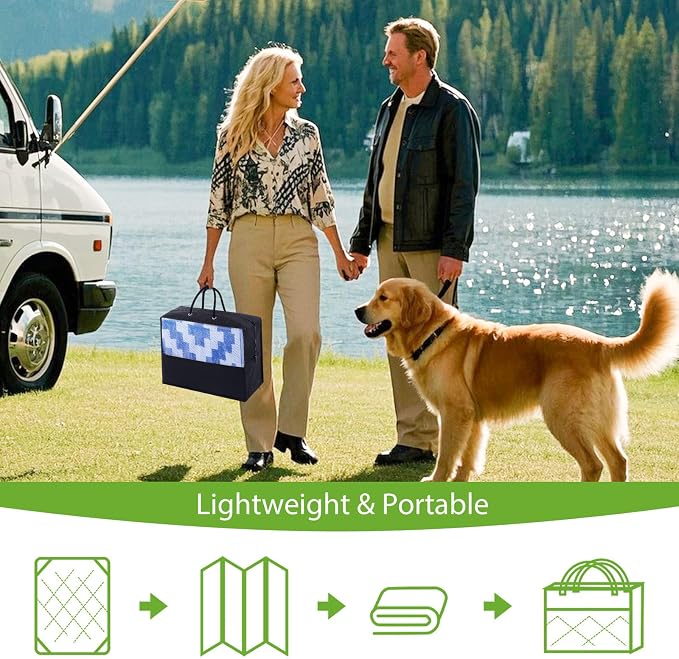 Smiry Waterproof Outdoor Rug 4x6 ft, Reversible Plastic Straw Patio Camping Rugs, Outdoor Indoor RV Mat Carpet for Patio, Outside Entry, Backyard, Deck, Bench, Picnic, Camper, White & Blue