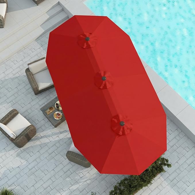 15FT Large Patio Umbrella with Base Included, Double Sided Outdoor Market Umbrella with Flexible Fiberglass Ribs, UV-Blocking Extra Large Umbrella for Garden, Pool, Deck, Red