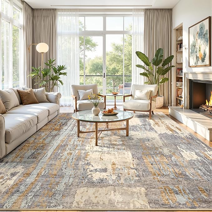Toneed Washable 8x10 Camel Area Rug with Non-Slip Backing for Living Room | Abstract Modern Rugs, Soft Low Pile Carpet for Bedroom Kitchen Dining Room Nursery Indoor Floor Office Home Decor