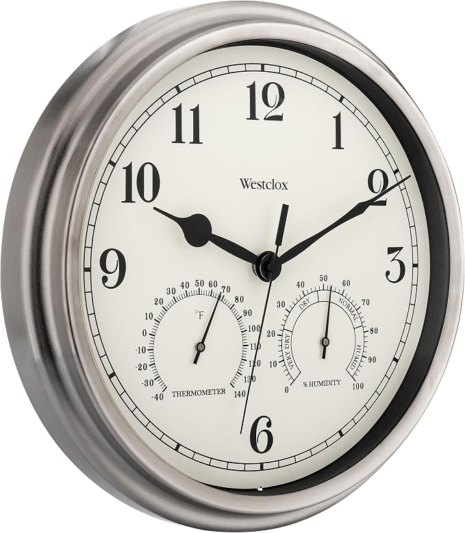 Westclox Indoor/Outdoor Wall Clock with Temperature & Humidity Gauges, Weather-Resistant, Quartz Accuracy, Battery-Powered (Silver, 12-Inch)