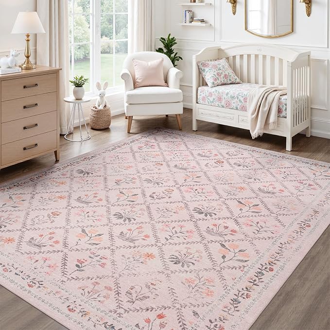 DCX Washable 6x9 Pink Floral Rug for Girls Bedroom | Soft Cottagecore Rug for Baby Girl Nursery, Non Slip Low Pile, Kid & Pet Friendly Vintage Botanical Carpet