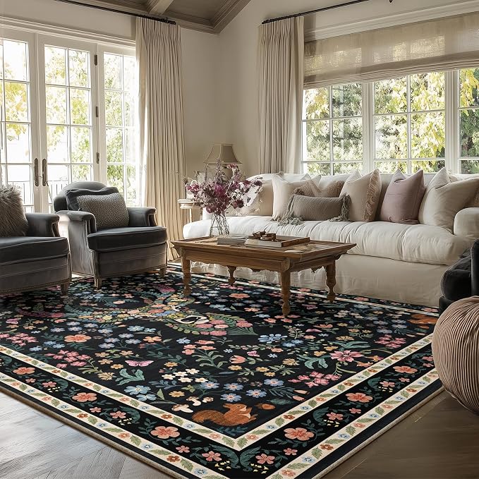 Area Rug Vintage Floral Deer Pattern 8x10 - Bohemian Forest Animal Carpet with Squirrel & Butterfly, Soft Decorative Area Rug for Living Room Bedroom Home Decor