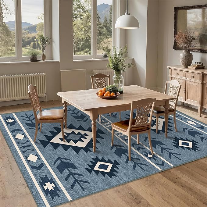 Area Rug 5x7 Western Rug Living Room Southwestern Aztec Tribal Rugs Southwest Navajo Machine Washable Non-Slip Printed Low-Pile Floor Carpet for Bedroom Dining Room Office, Blue