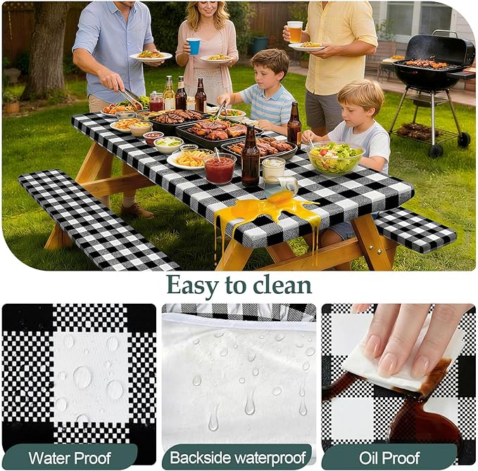 Play Tailor Picnic Table Cover with Bench Covers Camping Essentials Waterproof Windproof Camping Tablecloth with Drawstring Bag, Fitted Rectangle Tables and Seats, 72in, White Black Checkered