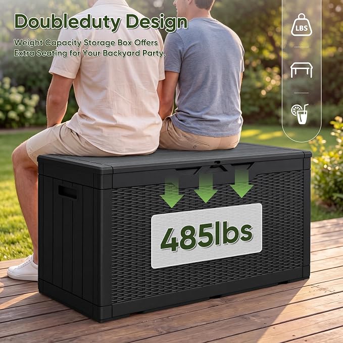 Flamaker Outdoor Storage Box 100 Gallon Waterproof Resin Deck Box Delivery Box with Air Rod Indoor Outdoor Lockable Storage Bench for Patio Cushions, Tools, Pool Accessories (Black)