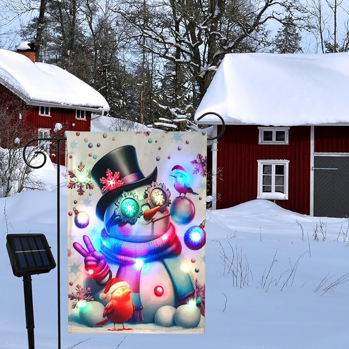 Welcome Lighted garden flag Snowman house garden flags 12X18 double sided, solar sall yard flag, lawn home decoration.