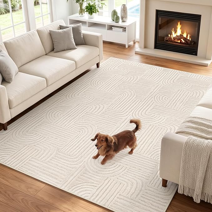 Etwel 6x9 Beige Modern Geometric Textured High-Low Pile Washable Area Rug | Soft Carpet, Non-Slip PVC Backing, Low Profile, Kid and Pet Friendly, for Living Room, Bedroom, Dining Room, Nursery
