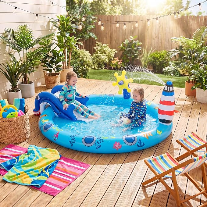 GLACER Kiddie Pool with Slide, 74”x 60.5”x 23” Thicken Water Play Center | Inflatable Swimming Pool with Sprinkler & Fishing Toys, Elevated Rails, PVC Outdoor Blow-Up Splash Pad for Backyard, Garden