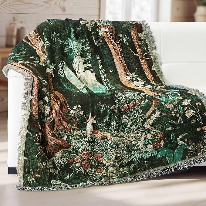 Moukeren 60 x 50 Inch Forest Woven Tapestry Blanket with Colorful Tassels Nature Tapestry, Woodland Cozy Throw for Couch Sofa Chair, Wall Hanging Home Decor Gift