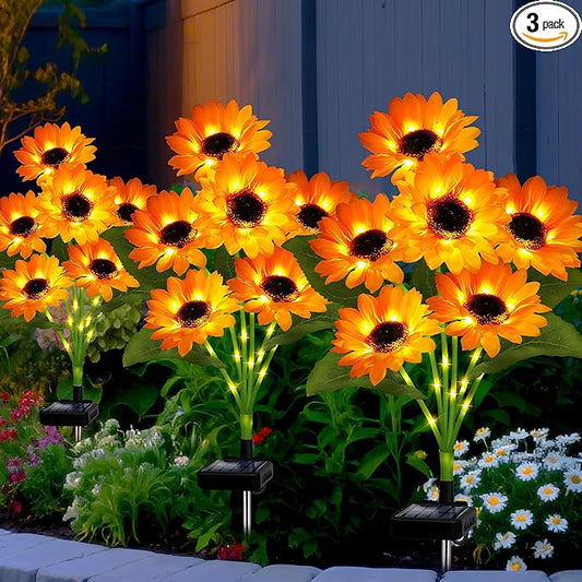 Solar Garden Lights Outdoor, 3 Pack Solar Sunflower Lights with 18 Head 3.45 Inch Flowers, Waterproof Flowers Light Fall Thanksgiving Decorations for Garden Yard Patio Backyard, Gifts for Mom Women