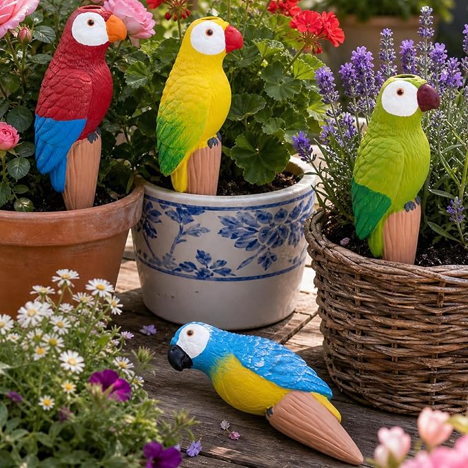 4 Pack Terracotta Watering Spikes, Self Watering Globes, Handmade Parrot Plant Watering Bulbs, Automatic Watering Devices for Indoor Outdoor Garden Vacation