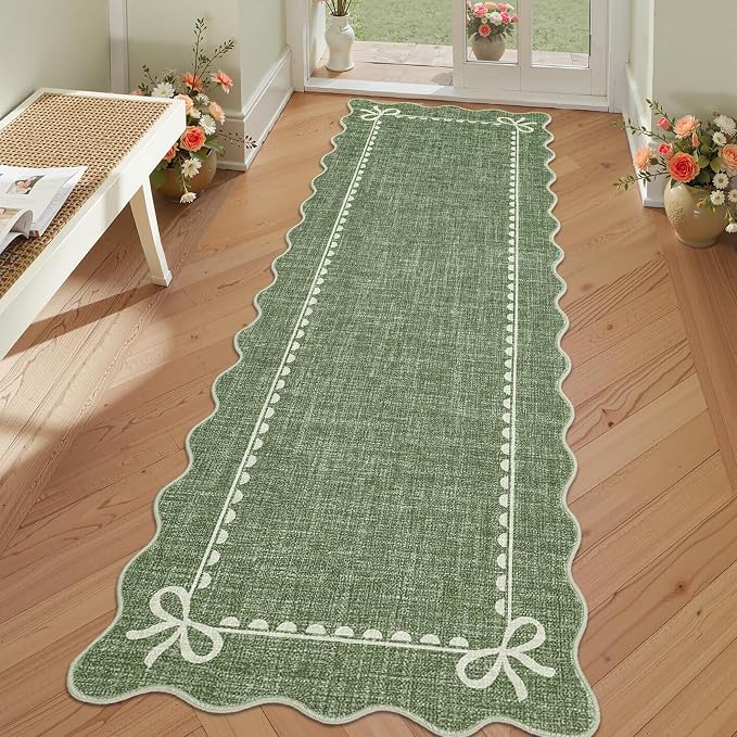 GarveeHome Scalloped Hallway Runner Rug 2.5x8 Non Slip Bedroom Rugs, Green | Washable Bow Rug for Girls Dorm Nursery Living Room Entyrway Kitchen, Soft Low Pile Ultra-Thin Stain Resistant Indoor Carpet
