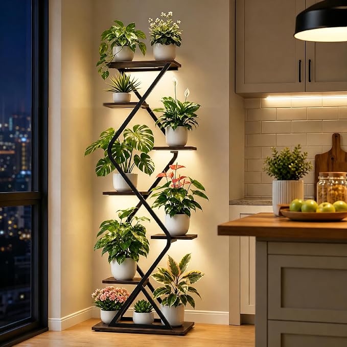 Plant Stand Indoor with Grow Light - 62" Indoor Tall Plant Shelf, 7 Tiered Corner Plant Stands for Multiple Indoor Plants, Metal Plant Holder for Living Room, Space-Saving Vertical Plants Rack, Black