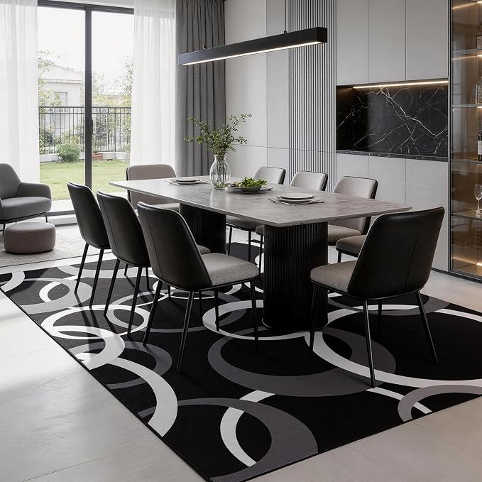 Washable Black and White Living Room Rug Non Slip, Soft 6x9 Area Rugs for Bedroom Dining Room Low Pile, Modern Concentric Circle Pattern Carpet for Playroom Home Office Decor