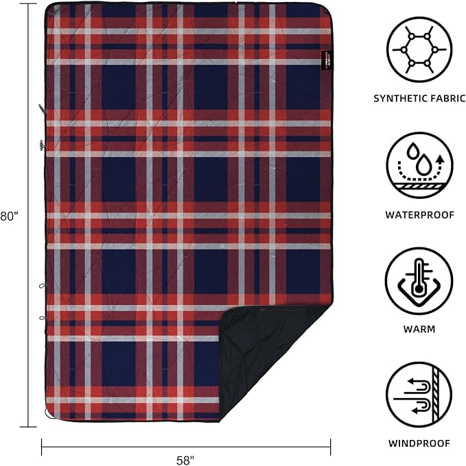 Large Waterproof Outdoor Blanket Thick Fleece 80" x 58" | Windproof Stadium Blanket, Wearable Poncho, Machine Washable for Camping, Car, Pet, Picnics - Red Check