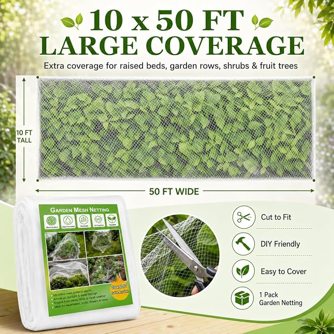 HOOPLE Garden Netting 10 FT x 50 FT, Ultra-Fine Mesh Plant Cover, Bug Netting for Garden, Insect Pest Barrier Row Cover for Vegetables, Fruits & Raised Beds, Lightweight Breathable Garden Mesh Netting