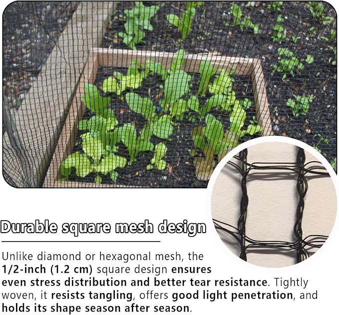 15x20 ft Bird Netting, 1/2-inch Square Mesh – Garden Netting Animal Barrier for Vegetables, Fruit Trees, Blueberry Bushes, Strawberries – Protects Against Birds, Deer, Chickens, Squirrels