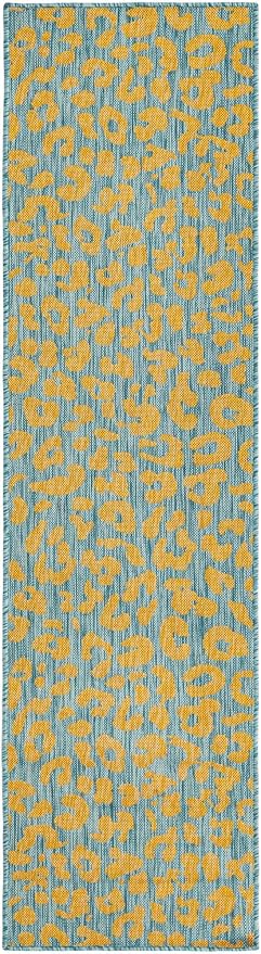 Unique Loom Outdoor Safari Collection Area Rug - Leopard (2' x 7' 10" Runner, Blue Yellow/ Blue)