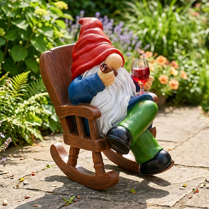 Funny Garden Gnomes for Outdoor, 7 Inch Gnomes Decorations for Yard with Rocking Chair & Wine Glass, Gnome Garden Decor for Home Patio Lawn, Gnomes Gifts for Women Spring Summer Christmas Halloween