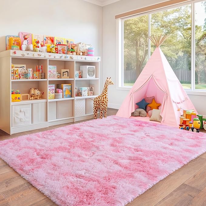Rugs for Bedroom, Ultra Fluffy Fuzzy Shag 5x7 Area Rug for Living Room, Modern Plush Soft Upgrade Non-Slip Carpet for Kids Girls and Boys, Dorms, Nursery, Home Decor, Tie-Dyed Pink