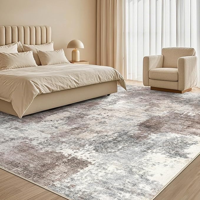 Tortania Washable 8x10 Area Rug for Living Room: Modern Abstract Neutral Large Soft Thin Rugs - Non Slip Indoor Carpet for Bedroom Dining Room Office Nursery Home Floor Decoration - Gray Brown