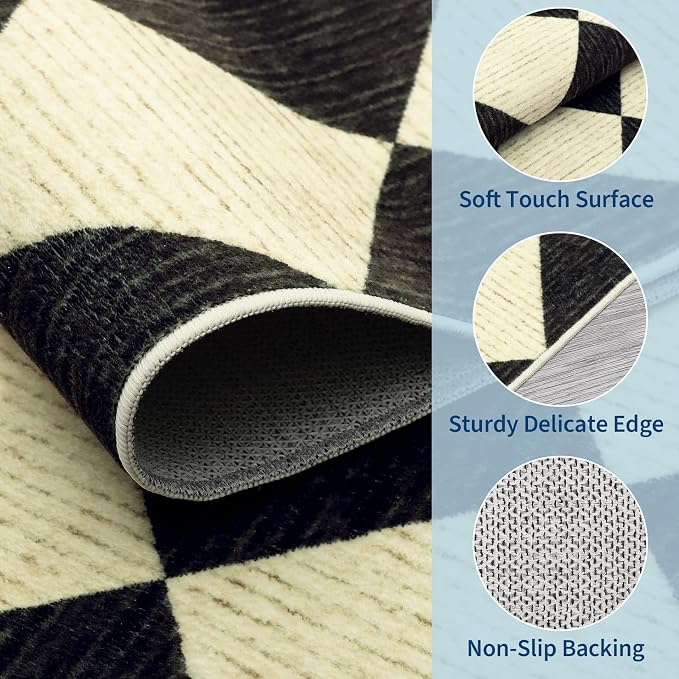 GarveeHome 6x9 Checkered Area Rug Black and Brown Washable Living Room Rug | Modern Geometric Farmhouse Carpet Soft Low Pile Non Slip Diamond Floor Mat Plaid Print Throw Rug for Dining Room Playroom