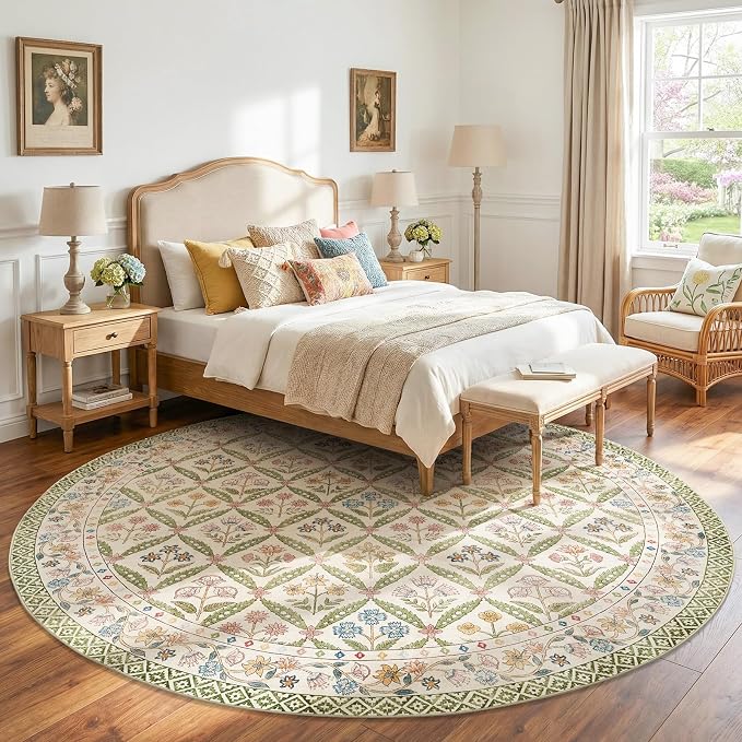 jinchan Round Rug 8ft Vintage Floral Washable Circle Area Rug, Sage Green | Soft & Lightweight, Checkered Floral, Low Pile, Non Slip, Dining Room, Living Room, Bedroom, Girls Room, Kids Room Decor