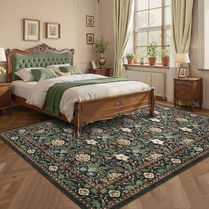 GarveeHome Large Area Rugs 9x12 for Living Room, Forest Green Floral Washable Rug Soft Non Slip Floor Mat Carpet Indoor Thin Accent Rug for Bedroom Dining Room Playroom Nursery Home Decor