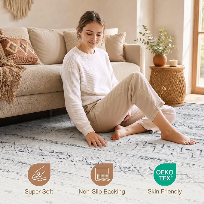 cotiled Boho 10x14 Area Rug for Living Room: Large Moroccan Washable Rug | Solve Modern Neutral Trendy Home Decor - Stain Resistan Carpet for Bedroom Farmhouse Grey