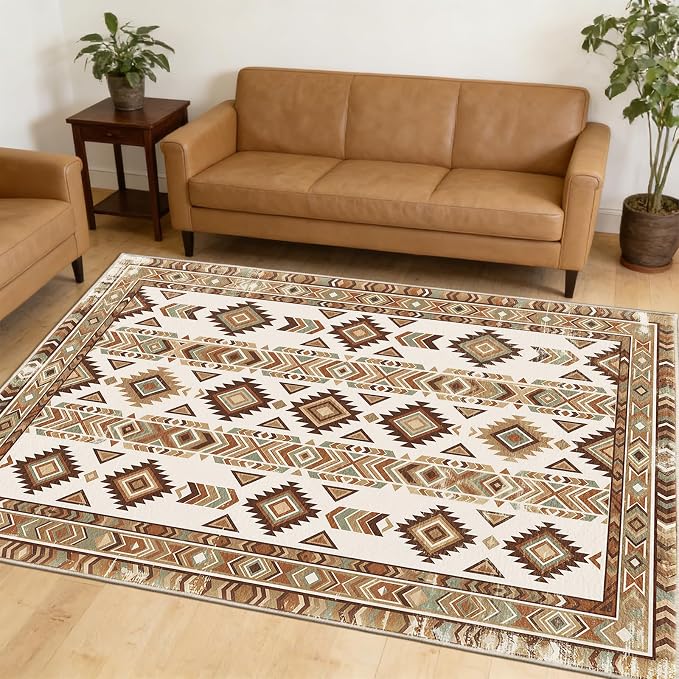5x7 Southwestern Area Rug, Soft Faux Cashmere Tribal Non-Slip Floor Mat