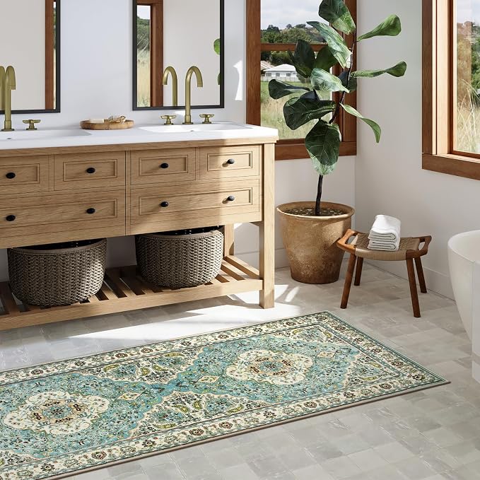 Lahome Felice Floral Medallion Runner Rug - 2x6 Hallway Bedside Turkish Throw Rug Runner Mat Soft Faux Wool Non-Slip Machine Washable Floor Carpet for Kitchen Laundry Bathroom, Sky/Baby Blue