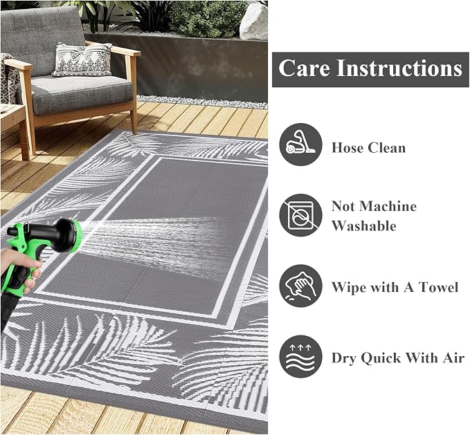 Bsmathom Waterproof Outdoor Rug 6'x9' Reversible Boho Plastic Straw Patio Deck Camping Rugs, Indoor Outdoor Portable RV Mat Clearance Carpet for Outside, Porch, Balcony, Backyard, Beach, Pool,Grey